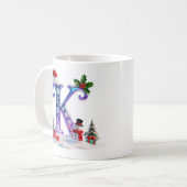 虹色クリスマスのイニシャルKと雪だるま コーヒーマグカップ (正面左)