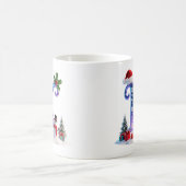 虹色クリスマスのイニシャルKと雪だるま コーヒーマグカップ (中央)