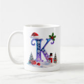 虹色クリスマスのイニシャルKと雪だるま コーヒーマグカップ (左)