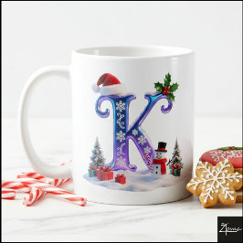 虹色クリスマスのイニシャルKと雪だるま コーヒーマグカップ
