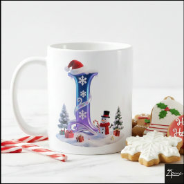 虹色クリスマスのLの文字と雪だるま コーヒーマグカップ