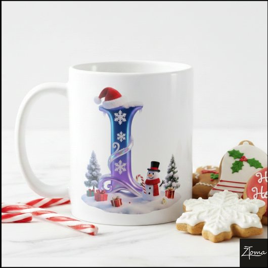 虹色クリスマスのLの文字と雪だるま コーヒーマグカップ