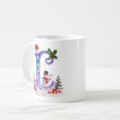 虹色クリスマスのLの文字と雪だるま コーヒーマグカップ (正面左)