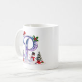 虹色クリスマスのPの文字と雪だるま コーヒーマグカップ (正面左)