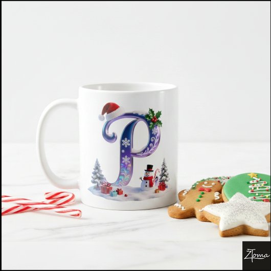 虹色クリスマスのPの文字と雪だるま コーヒーマグカップ
