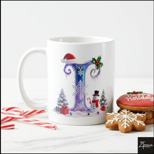 虹色クリスマスアルファベット I と雪だるま コーヒーマグカップ