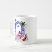 虹色クリスマスアルファベット O と雪だるま コーヒーマグカップ (正面左)