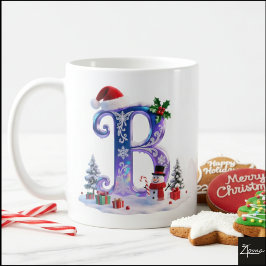 虹色クリスマスアルファベットBと雪だるま コーヒーマグカップ