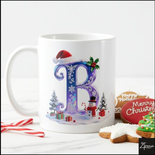 虹色クリスマスアルファベットBと雪だるま コーヒーマグカップ