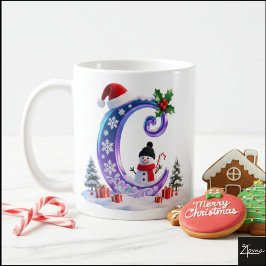 虹色クリスマスアルファベットCと雪だるま コーヒーマグカップ