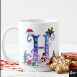 虹色クリスマスアルファベットHと雪だるま コーヒーマグカップ