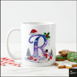 虹色クリスマスアルファベットRと雪だるま コーヒーマグカップ