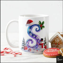 虹色クリスマスアルファベットSと雪だるま コーヒーマグカップ