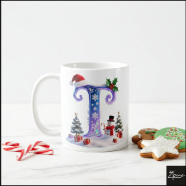 虹色クリスマスアルファベットTと雪だるま コーヒーマグカップ