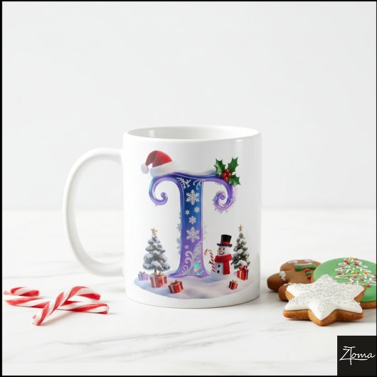 虹色クリスマスアルファベットTと雪だるま コーヒーマグカップ