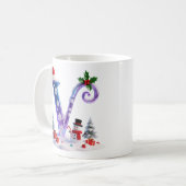 虹色クリスマスアルファベットVと雪だるま コーヒーマグカップ (正面左)