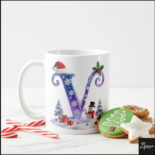 虹色クリスマスアルファベットVと雪だるま コーヒーマグカップ