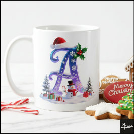 虹色クリスマスレターAと雪だるま コーヒーマグカップ