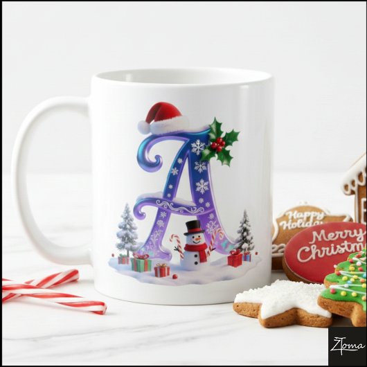 虹色クリスマスレターAと雪だるま コーヒーマグカップ