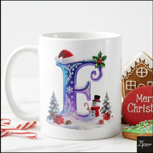 虹色クリスマスレターEと雪だるま コーヒーマグカップ