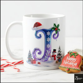 虹色クリスマスレターJと雪だるま コーヒーマグカップ