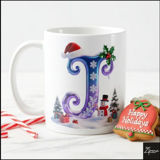 虹色クリスマスレターJと雪だるま コーヒーマグカップ