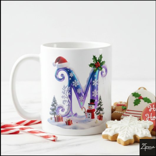 虹色クリスマスレターMと雪だるま コーヒーマグカップ