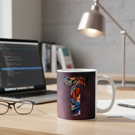 虹色コズミックイニシャルTモノグラム コーヒーマグカップ