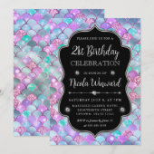 虹色シルバーマーメイドフレはかりで測ーム誕生日 招待状 (正面/裏面)