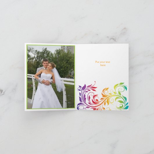 虹色スクロール葉の結婚式は感謝していしています サンキューカード (内部)