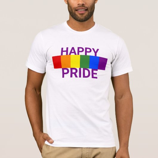 虹色ストライプのハッピー・プライドLGBT Tシャツ (正面)