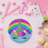 虹色スパークルグリッター ユニコーンホーン フェイスパーティー ペーパープレート (パーティー)