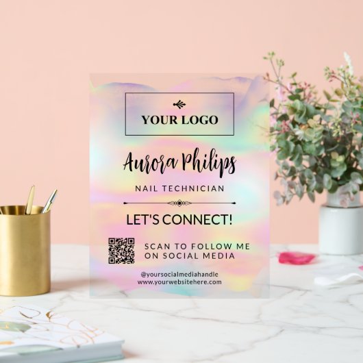 虹色スプラッシュあなたのロゴ&QRソーシャルメディア アクリルサイン (ウェディング)