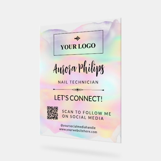 虹色スプラッシュあなたのロゴ&QRソーシャルメディア アクリルサイン (傾斜)