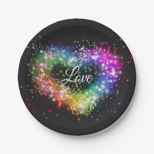 虹色スプレー絵を描スパーキンググリッターハート ペーパープレート (正面)