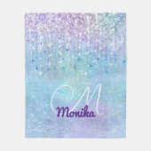 虹色ターコイズ銀フェイクグリッターモノグラム フリースブランケット (正面)