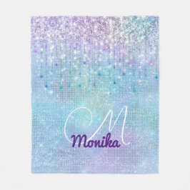 虹色ターコイズ銀フェイクグリッターモノグラム フリースブランケット
