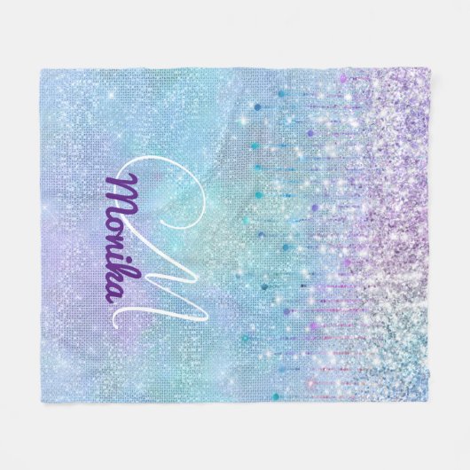 虹色ターコイズ銀フェイクグリッターモノグラム フリースブランケット (正面(横))