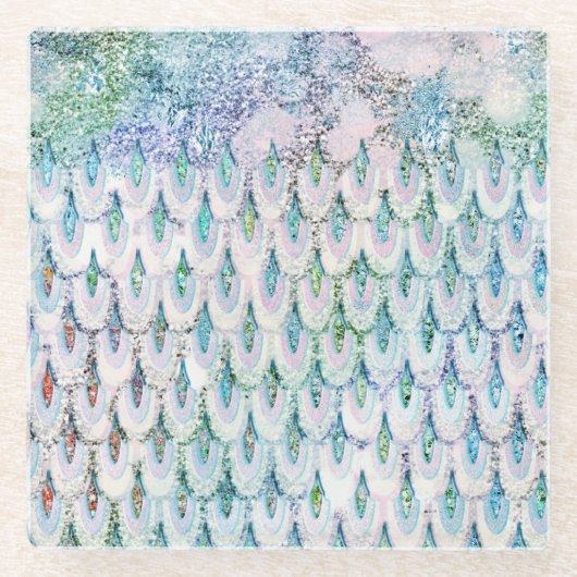 虹色ティール（緑がかった色）グリッターマーメイドフィッシュはかりで測 ガラスコースター (正面)