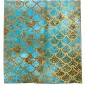 虹色ティール（緑がかった色）金ゴールドグリッターマーメイドフィッシュはかりで測 シャワーカーテン (正面)