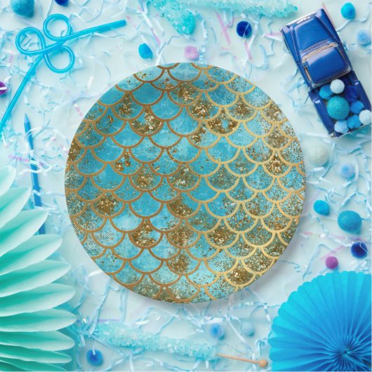 虹色ティール(緑がかった色)金ゴールドグリッターマーメイドフィッシュはかりで測 ペーパープレート (パーティー)