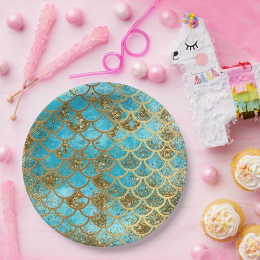 虹色ティール(緑がかった色)金ゴールドグリッターマーメイドフィッシュはかりで測 ペーパープレート (パーティー)
