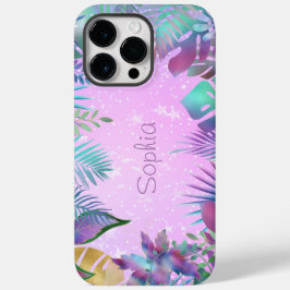 虹色トロピカルリーフとホワイトスター、ネーム入り ピンク Case-Mate iPhone 14 PRO MAXケース