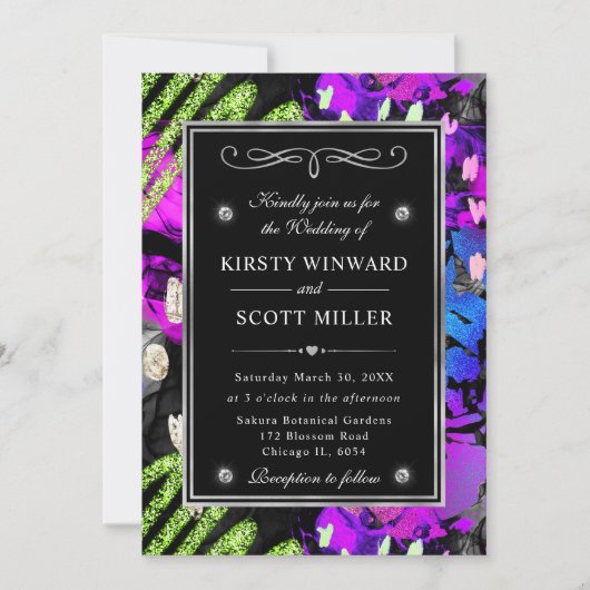 虹色ネオン抽象グリッター フレーム ウェディング 招待状 (正面)