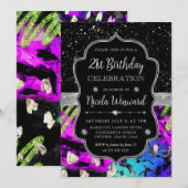 虹色ネオン抽象グリッター 21歳の誕生日 招待状 (正面/裏面)