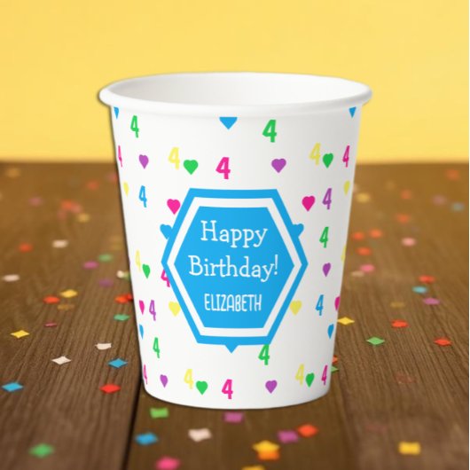 虹色ハートの4歳の誕生日 紙コップ