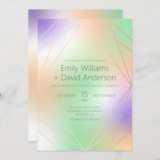 虹色パステルダイアモンドインスパイアバラ金ゴールド 招待状 (正面/裏面)