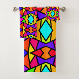 虹色パッチワーク幾何反復パターン バスタオルセット