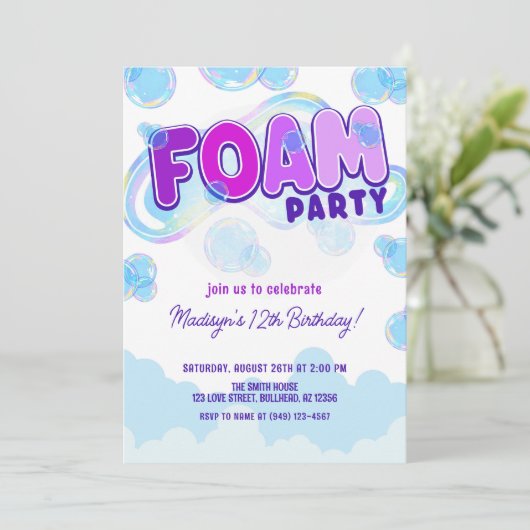 虹色パープルフォームパーティー誕生日 招待状 (スタンド正面)