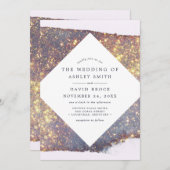 虹色パープル金ゴールドグリッターシ結婚ック 招待状 (正面/裏面)